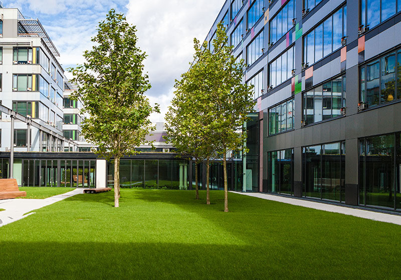 Modern office park with green lawn, trees and bench